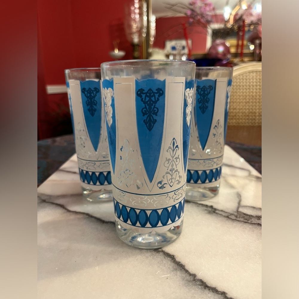 4 MCM Aegean Blue & White Highball Barware Glasses Hollywood Regency 1960s